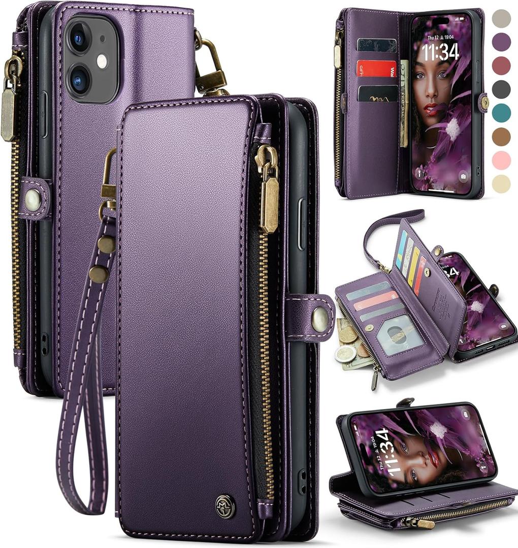 Defencase Compatible with iPhone 11 Case Wallet with RFID Blocking Card Holder for Women and Men, Fashion PU Leather Magnetic Snap Flip Zipper Strap Wallet Phone Case Fit for iPhone 11 6.1", Purple