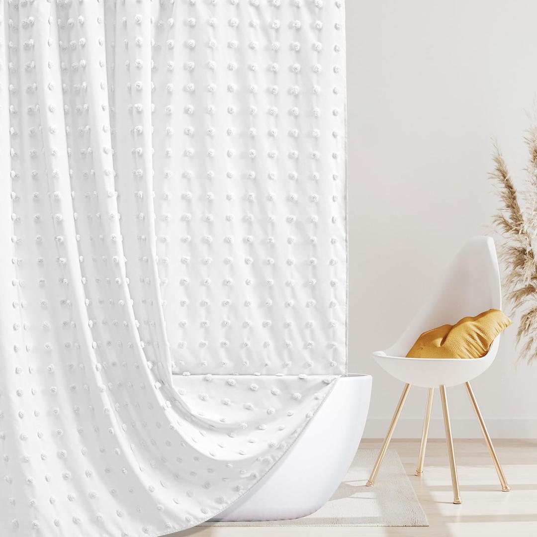 Siiluminisoy Boho Farmhouse White Shower Curtain Woven Fabric Shower Curtain, 72 x 72 Tufted Pleat Floral Puffs Textured Modern Farmhouse Minimalist Shower Curtain Set with Hooks for Bathroom