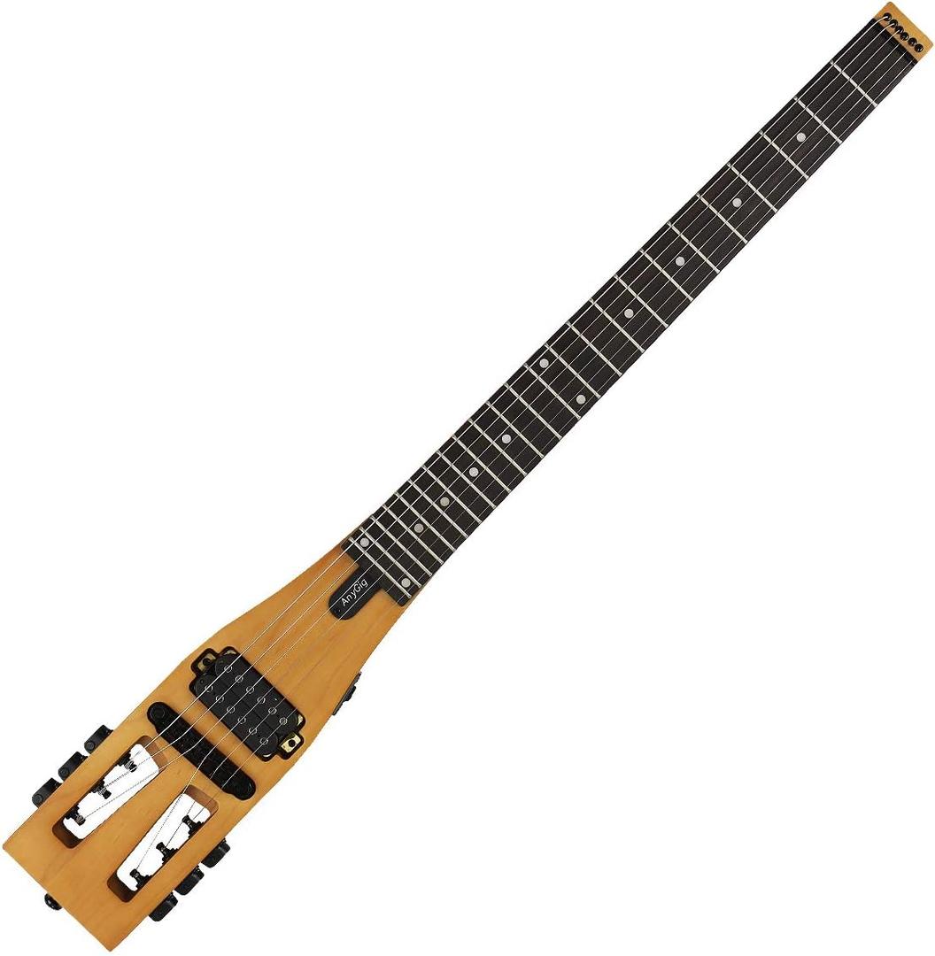 Anygig Electric Guitar Practice Portable Travel Guitar Maple Headless Solid Body Full Scale with Gigbag for Lightweight Design Gig Bag All Accessories, Wood