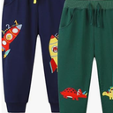 GFQLONG 2 Pack Baby Boy Drawstring Elastic Sweatpants,Toddler Cotton Dinosaur Active Jogger Pants with Pockets, 4Y
