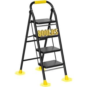 4 Step Ladder, Foldable Step Stool with Wide Anti-Slip Pedal & Thick Rubber Feet, Cushioned Handle, Safe-Lock Design, Folding Portable Ladder for Multi-Purpose, 800lb, Black Yellow