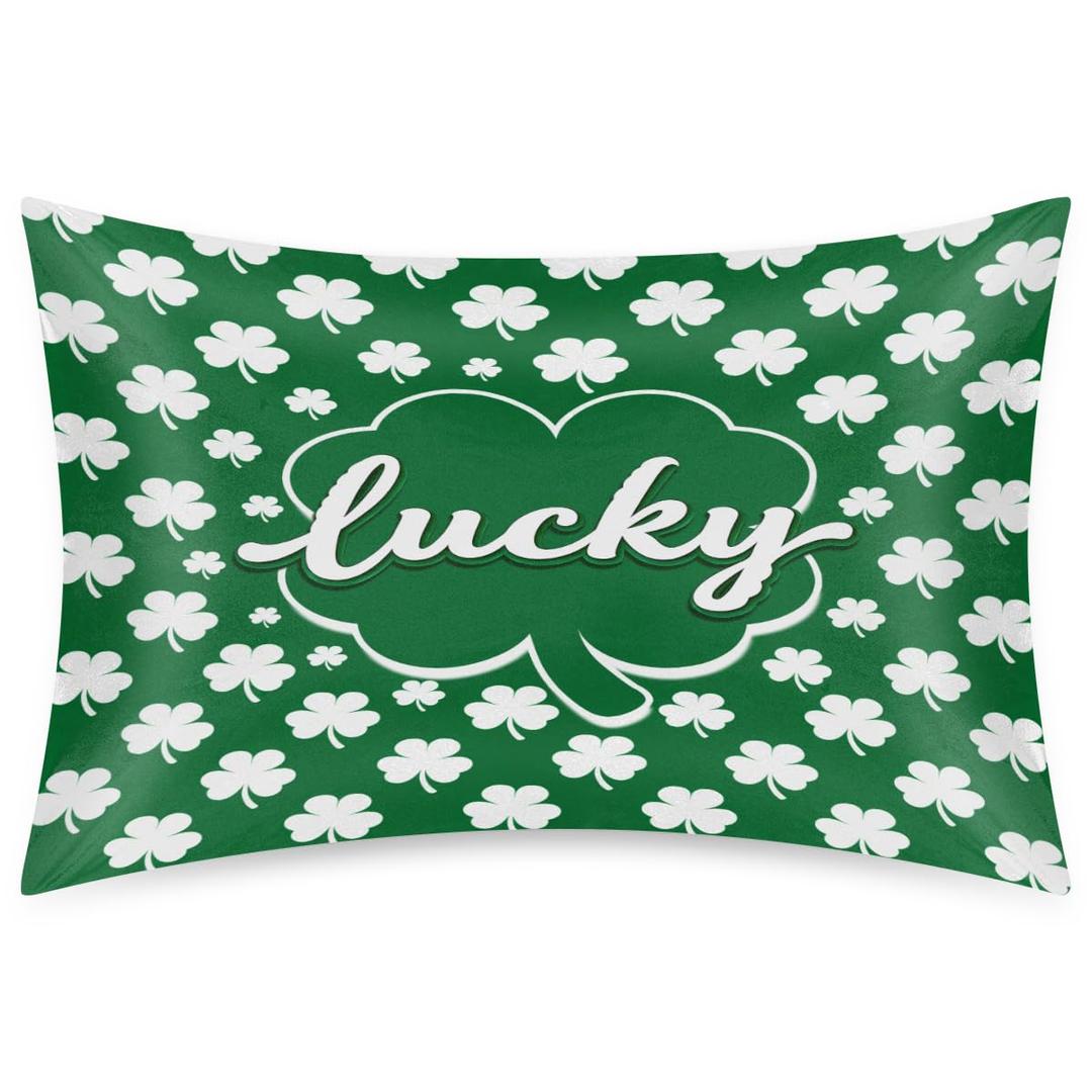 St. Patrick's Day Satin Pillowcase for Hair and Skin, Green Clover Silk Pillow Case Queen Size Silky Pillowcases with Zipper Cooling Pillow Cover (20x30 Inches)