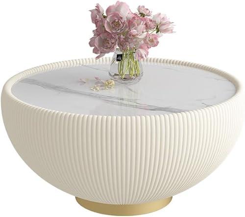 Modern Round Coffee Table, Stone Top Coffee Table, Marble Pattern Tabletop Leather Edge Sofa End Table with Metal Base, Luxurious Side Table for Living Room Office (White,28x14.2)