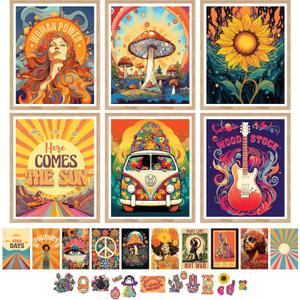 97 Decor Hippie Room Decor for Bedroom Aesthetic - Hippy Retro Room Decoration, Hippie Wall Decorations, Hippy Posters, Vintage 60s 70s Decoration Poster, Groovy Decorations Home, Boho Indie Trippy Dorm (8x10 Unframed) (Hippie and Stickers)
