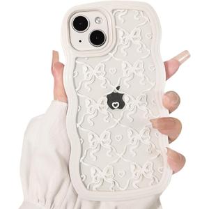 NITITOP Compatible for iPhone 13 / iPhone 14 Case Cute Clear Wavy Frame for Women Girl Bow Knot Pattern Curly Shape Shockproof Soft TPU 2 in 1 Phone Cover - White Bow