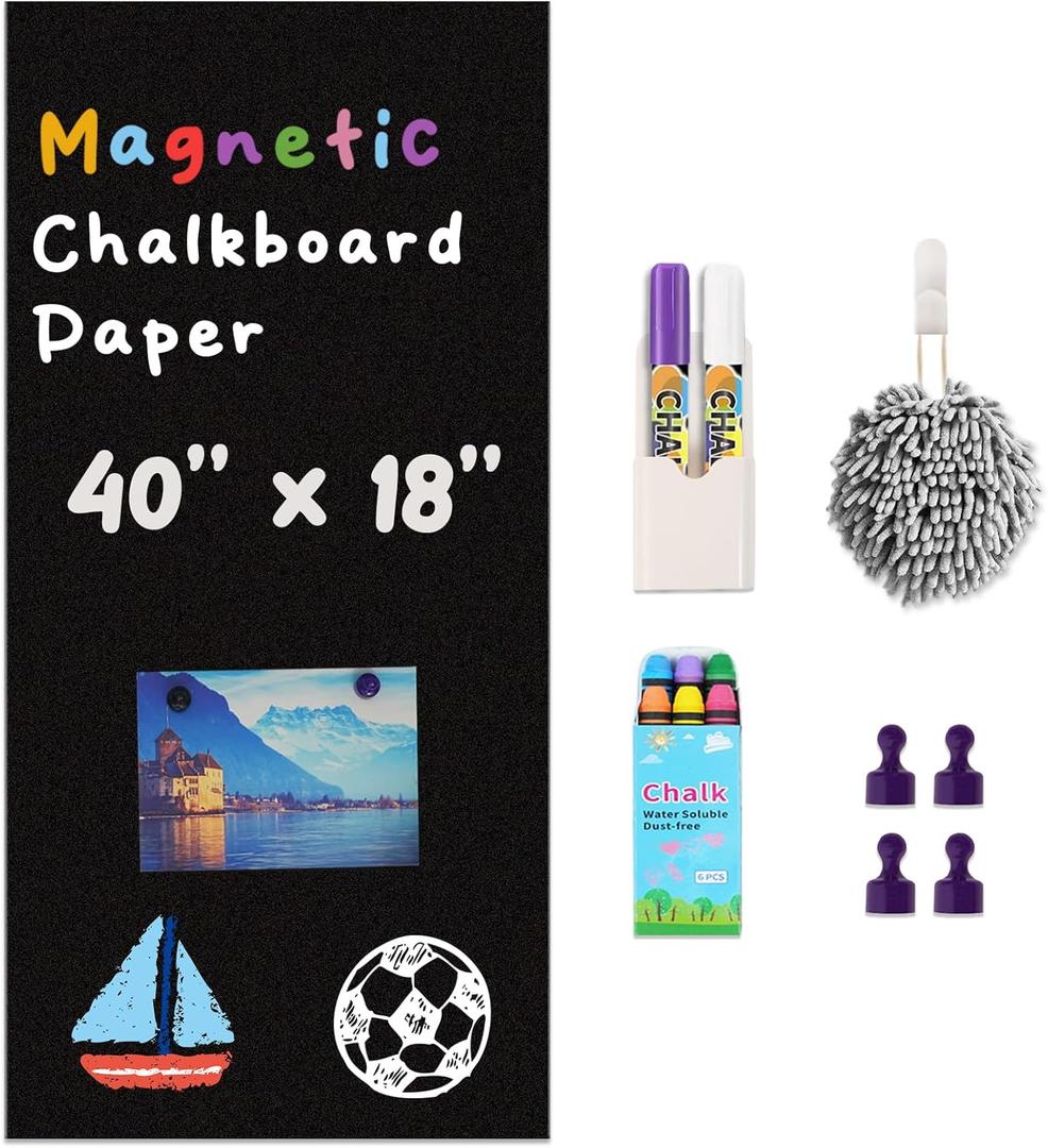 YOUNGJQ Magnetic Chalkboard Contact Paper for Wall 40" x 18" Self Adhesive Blackboard Wallpaper Peel and Stick Wall Decal with Starter Kit for Home Playroom Classroom