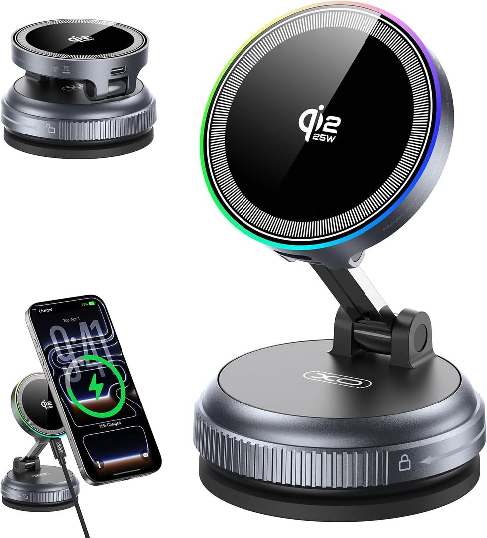 Qi2.2 Magnetic Car Mount Charger,25W Fast Wireless Charging Stand with RGB Light,360 Rotating Suction Phone Holder for Your Car,Compatible with iPhone 12-17,S26/S25