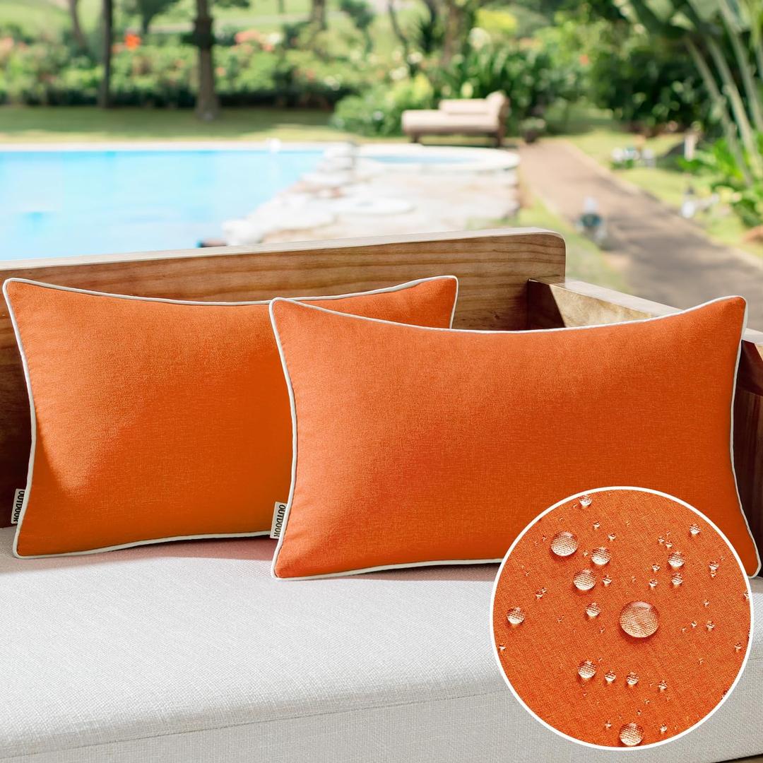 MIULEE Pack of 2 Outdoor Waterproof Throw Pillow Covers Decorative Farmhouse Linen Pillow Covers Solid Color Couch Pillow Covers for Patio Tent Bed Balcony Couch Sofa Living Room 12x20 Inch Orange