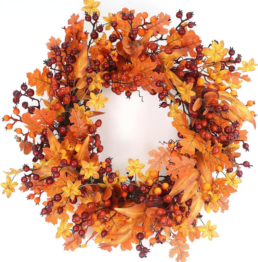 24" Fall Wreath for Front Door - Artificial Autumn Wreath with Realistic Maple Leaves & Berry Accents - Indoor/Outdoor Thanksgiving Decor for Wall, Window or Door