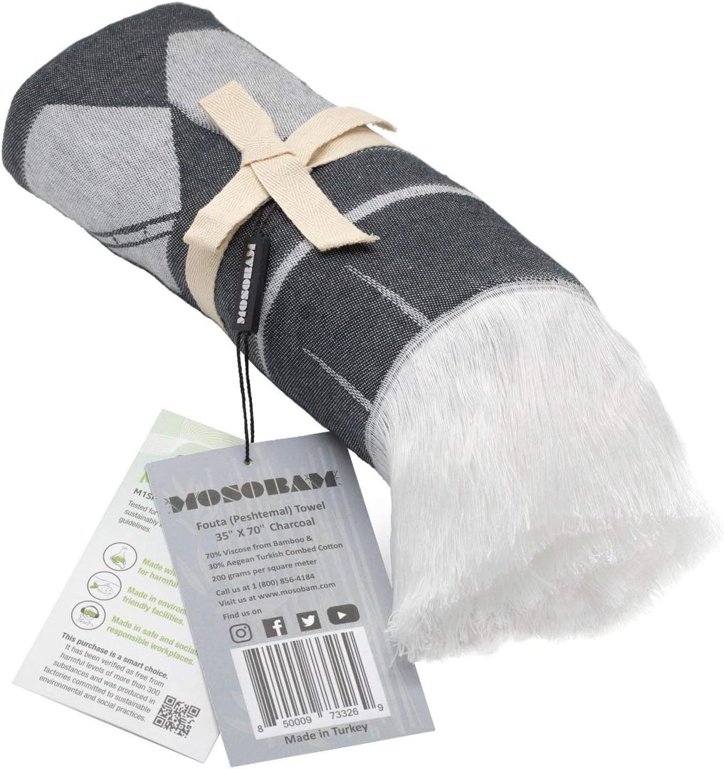 Mosobam Soft Fouta Peshtemal 35X70, Charcoal Black, Fall Cacala Fleece Blankets, Luxury Scarf Sarong, Hamam Towel, Lightweight Travel Outdoor Picnic Blanket Throw, Viscose Made from Bamboo