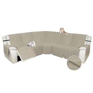 Arfntevss Sectional Recliner Couch Covers for Reclining Sectional Corner Sofa Cover for Dog Washable L Shaped Recliner Slipcover Sets 7-Piece U Shape Non Slip Furniture Protector (Large, Khaki)