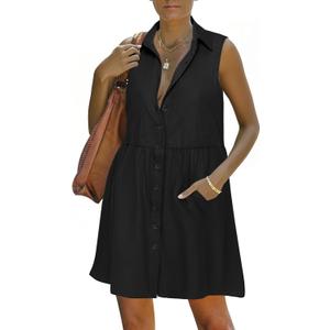 PYGFEMR Women's Summer Babydoll Dress Button Down Tired Sleeveless T Shirts Dresses with Pockets (Black), Size: L PYGFEMR Women's Summer Babydoll Dress Button Down Tired Sleeveless T Shirts Dresses with Pockets (Black), Size: L