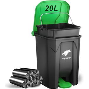 Dog Poop Trash Can Outside, 20L/5Gallon Dog Waste Trash Can with Lid, Pedal and Removable Inner Waste Bin, Pet Poop Bucket with 100 Bags, Green