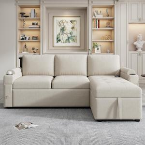 83.5-Inch L-Shaped Reversible Sleeper Sectional Sofa, Chenille Tufted Upholstered Corner Convertible Sleeper Sofabed With Pull Out Couch Bed, Storage Chaise, Storage Armrests ,USB Ports & Cupholders (Beige) 83.5-Inch L-Shaped Reversible Sleeper Sectional Sofa, Chenille Tufted Upholstered Corner Convertible Sleeper Sofabed With Pull Out Couch Bed, Storage Chaise, Storage Armrests ,USB Ports & Cupholders (Beige)