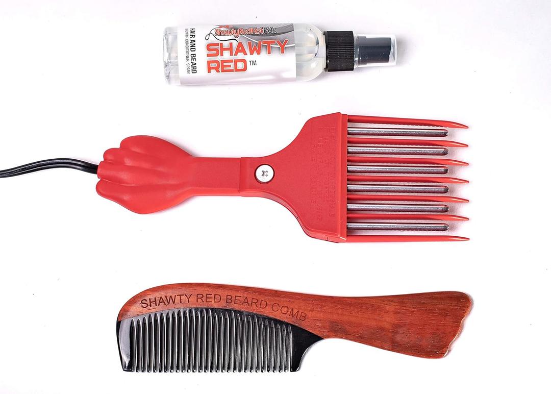 Shawty Red Low Heat Beard Grooming Growth Kit for Men, Hot Afro Comb, Skin Sensitive Adjustable Temperature Wooden Comb & Leave in Conditioner Spray for the Facial Hair Care (Watch The VIDEO)