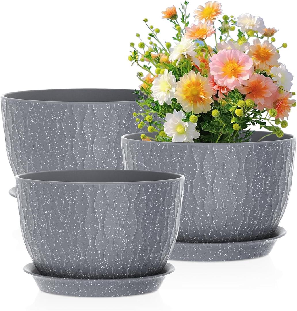 12/10/9 inch Large Flower Pots, 3 Set Big Plant Pots for Outdoor Indoor Plants with Water Ripples, Wide Plastic Planters with Drainage Holes and Saucers for Garden House Plants