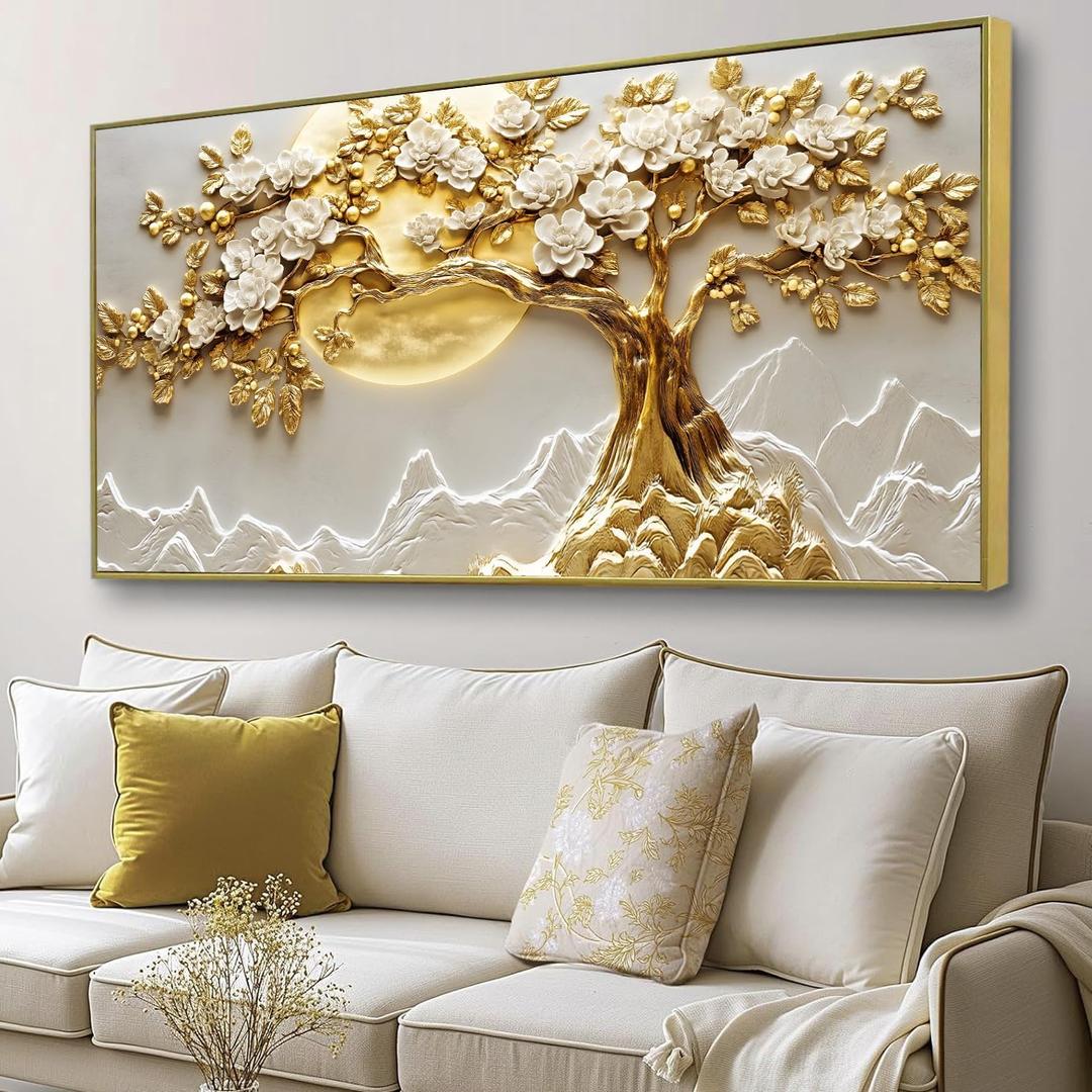 Large Framed Golden Yellow Tree Wall Art, Luxury Floral Canvas Decor with Yellow Moon, Ready to Hang Wall Hanging for Living Room Bedroom Office, 29x58 Inch.