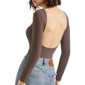 SUUKSESS Women Backless Y2k Long Sleeve Bodysuit Double Lined Open Back Sexy Basic Top, Large, Mocha