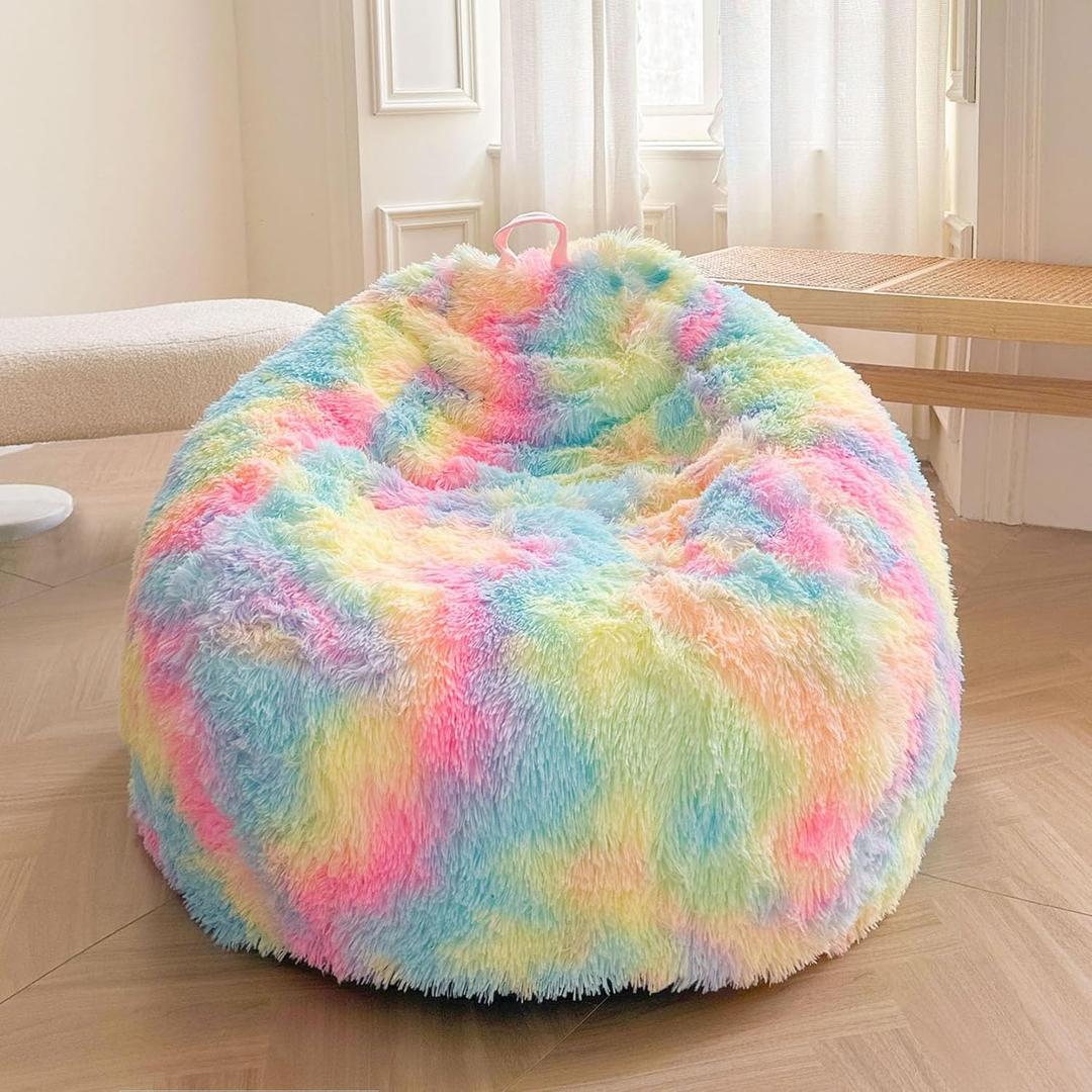 XeGe Kids Fluffy Faux Fur Bean Bag Chair Cover (No Filler), Soft Furry Stuffed Animal Storage Bean Bag Cover for Plush Toys, Shaggy Fuzzy Beanbag for Kids Teens Girls Children, Anti-Slip, Rainbow (Small(28"x28"x32"))