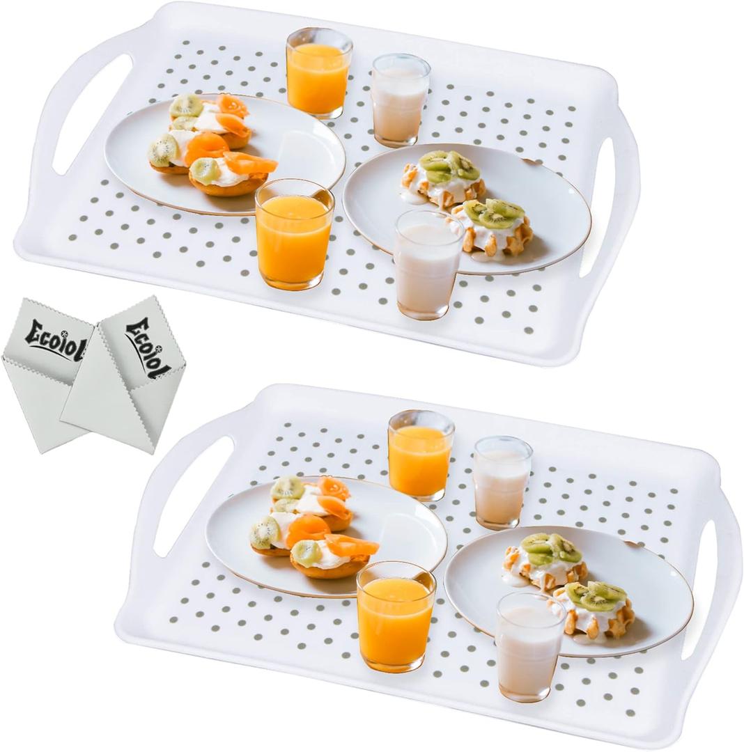 LONEA Non Slip Food Serving Tray with Handles, 2-Pack Rectangle Anti-Slip Non-Toxic Dishwasher Safe Tray for Snack Fruit Dessert Breakfast Drink Come with 2pcs Cleaning Cloths White (16.7"L x 11.5"W)