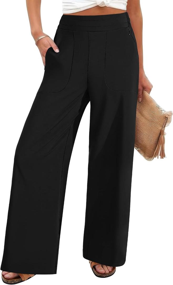 FireSwan Women's Wide Leg Work Pants High Elastic Waist Dress Palazzo Pants Trousers with Zipper Pockets