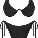 ZAFUL Women's Bikini Sets Ribbed Two Piece Swimsuits Underwire Adjustable Back Clasp Bathing Suit Side Tie Thong Swimwear (X-Small, Black)