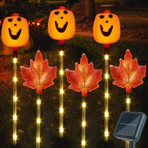 6 Pack Fall Decor Solar Maple Leaf Pumpkin Lights for Thanksgiving Decorations Outdoor, Waterproof Solar Thanksgiving Fall Leaves Pumpkin Garden Stake Lights for Outside Pathway Harvest Decor