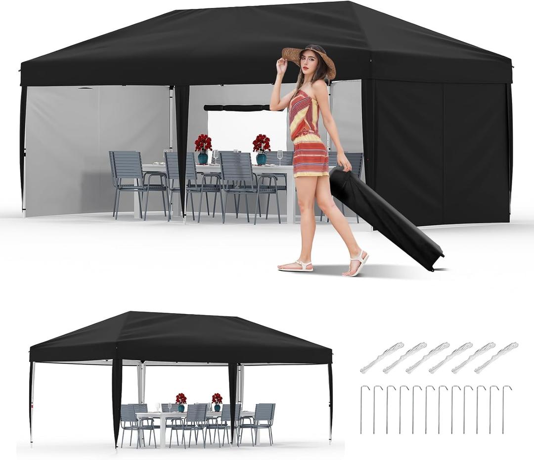 GarveeLife 10x20 Pop Up Canopy with 4 Sidewalls, Beach Ten with One Push Setup, Heavy Duty Outdoor Instant Canopy Tent with Portable Roller Bag, Silver Coated Top, 3 Adjustable Height, Sandbags,Black