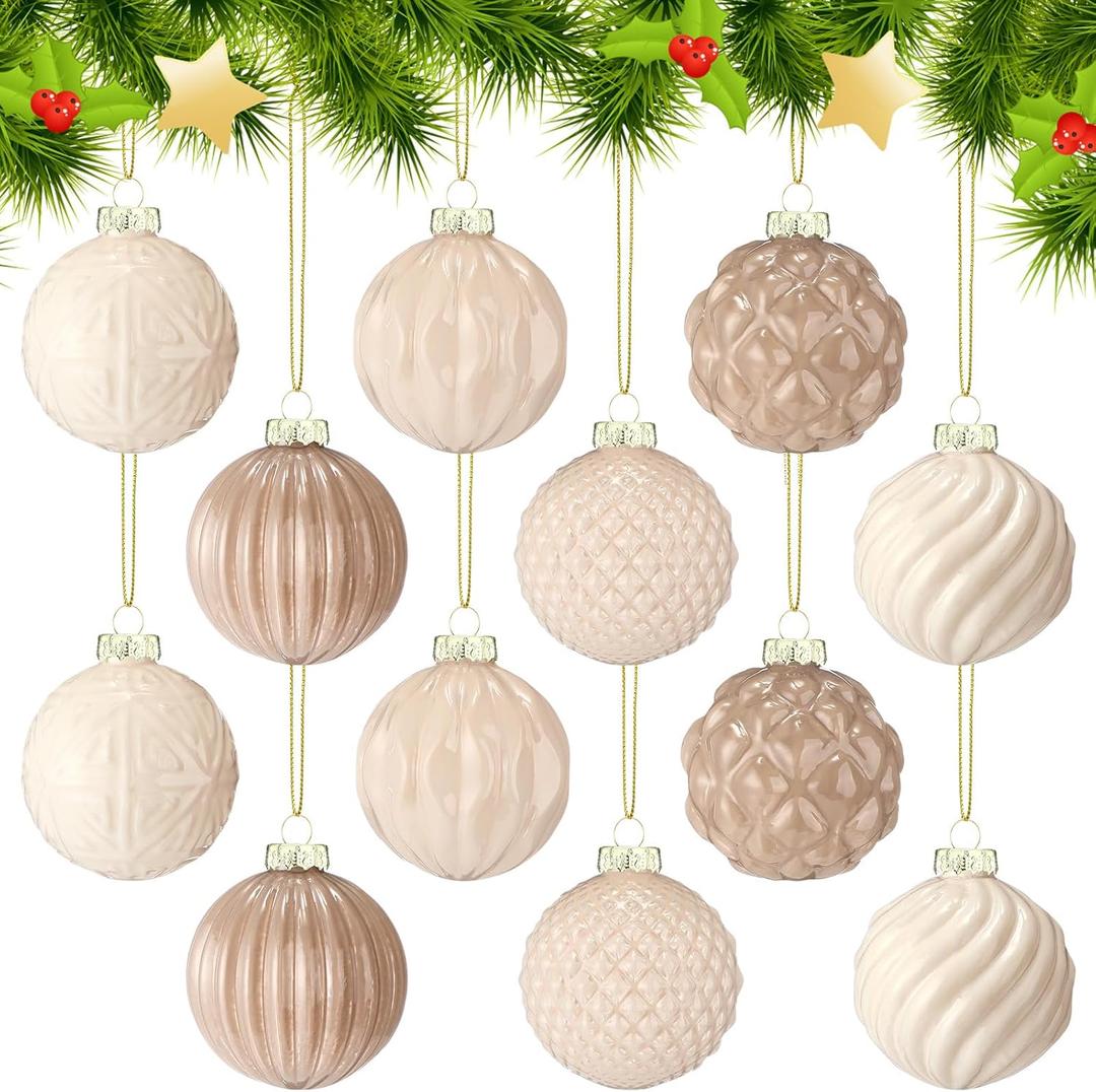 Jenaai 12 Pcs 2.36 Inch Neutral Color Glass Christmas Ball Ornaments Vintage Christmas Tree Decoration Mercury Glass Hanging Ornaments for Xmas Trees Party Garland DIY Craft Holiday Supplies, 6 Style