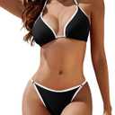 Women's Ring Triangle Bikini Sets Two Piece Color Block Thong Swimsuit Cheeky String Bathing Suits, S