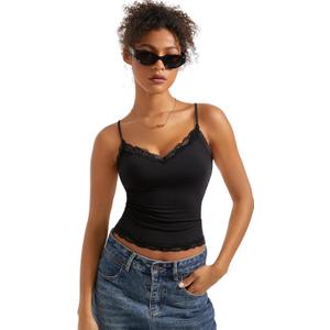 SUUKSESS Women Padded Lace Double Lined Tank Tops Sexy V Neck Summer Going Out Top (Small, Black)