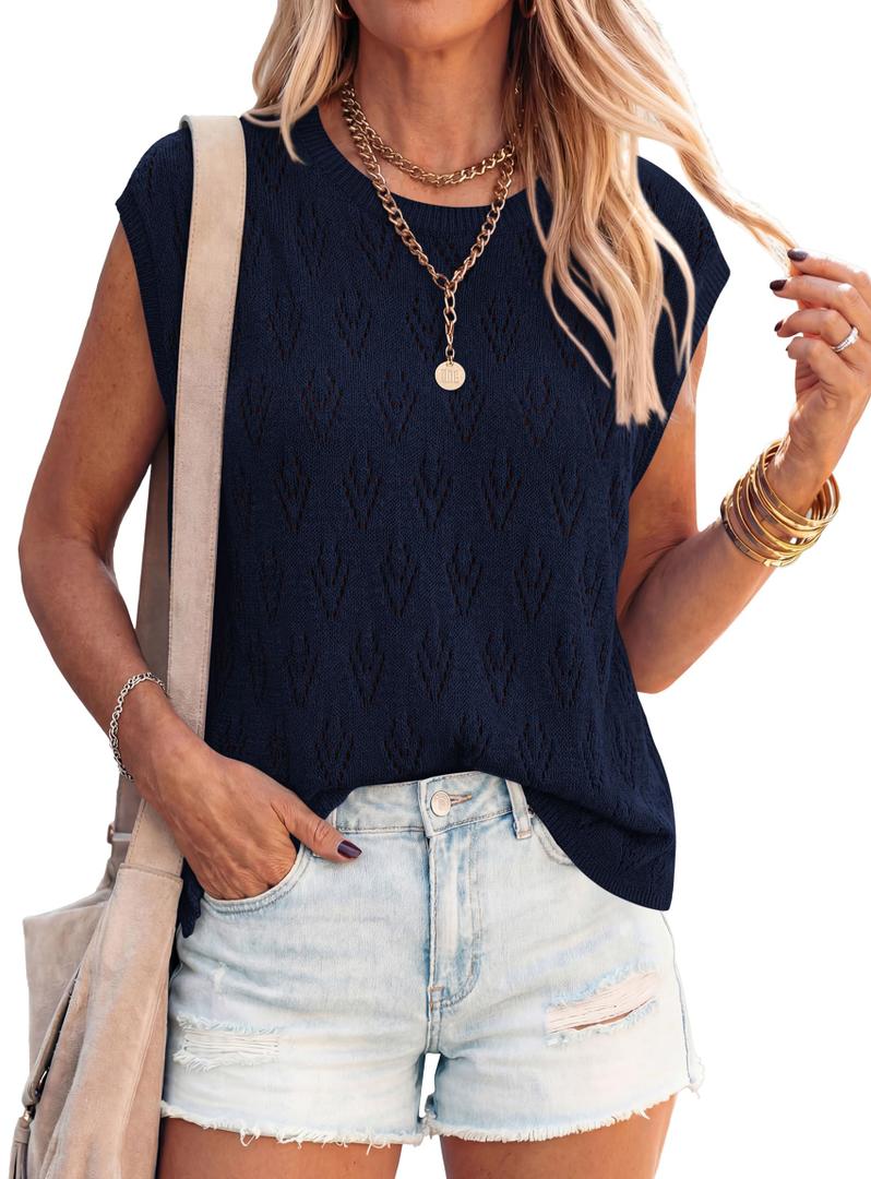 PRETTYGARDEN Crochet Tops for Women 2026 Summer Sweater Vest Knit Cap Sleeve Hollow Out Tank Coverup Spring Fashion Clothing (Navy Blue,XX-Large) (Blue, XL)