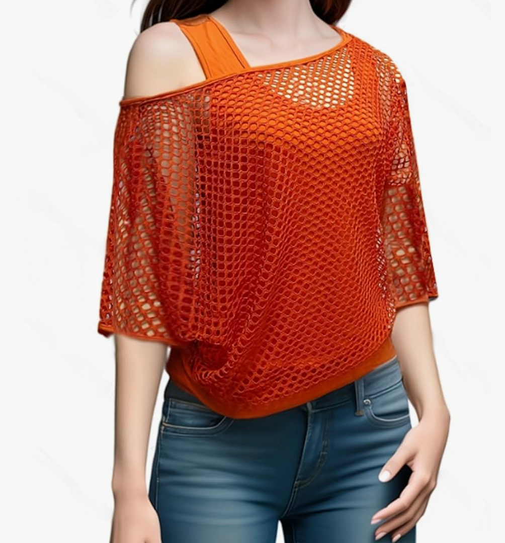 Women's 80s Costumes Sexy Fishnet Neon Off Shoulder Retro Casual Party Outfit, Orange, Large