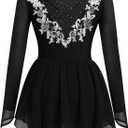 Ice Skating Dress for Women Long Sleeve Figure Skating Costume Rhythmic Gymnastics Leotard Sparkly Chiffon Skirt (X-Large, Black Lace)