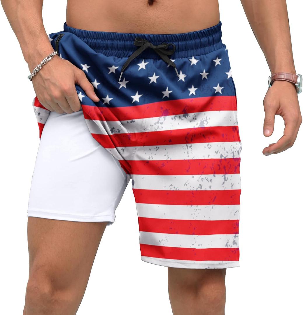 Adisputent Mens Swim Trunks with Compression Liner Quick Dry Swimsuit with Zipper Pockets Bathing Suit Beach Swim Shorts (X-Large, American Flag)