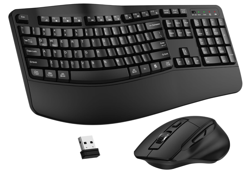 Wireless Keyboard and Mouse Combo, 2.4G Full Size Wave Keys Ergonomic Keyboard with Wrist Rest and 3Level DPI Adjustable Wireless Ergonomic Mouse for Windows, Mac OS Desktop/Laptop/PC(Black)