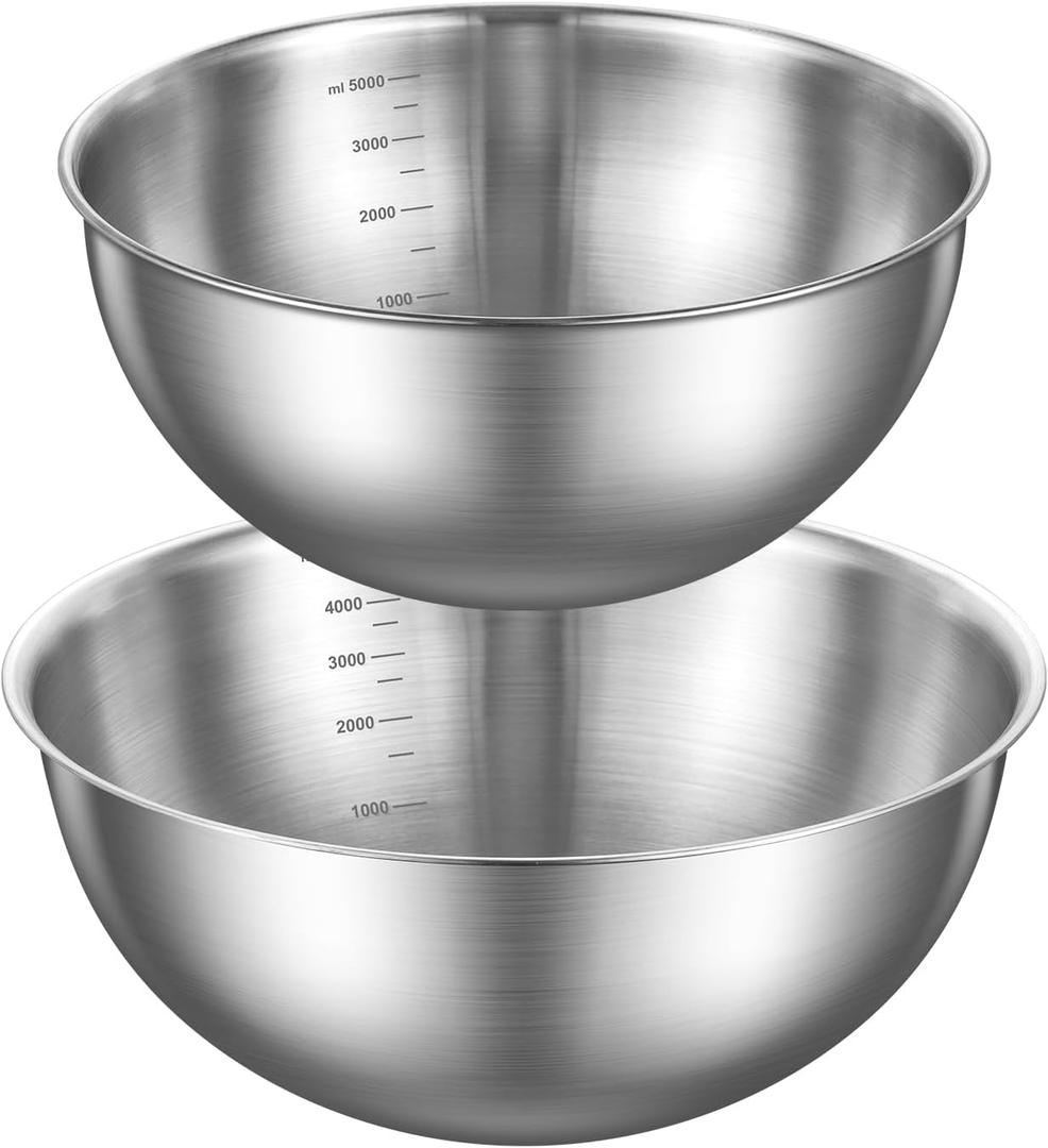 Gronivex Stainless Steel Mixing Bowls Set of 2 (4.2 & 5.3 Qt), Food Grade 304, Dishwasher Safe, Stackable Nesting Bowls for Baking, Salad Prep & Cooking