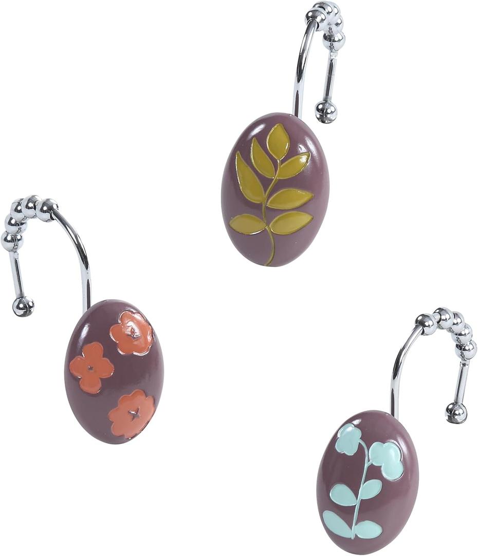 Leaf Floral Shower Curtain Hooks, Rustproof Decorative Shower Hooks for Shower Curtain, 5-Roller Ring Balls Design Spring Plant Bathroom Curtain Hooks, Set of 12