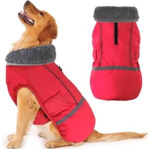 Dogcheer Warm Dog Coat, Christmas Dog Jacket Waterproof Puppy Winter Coat with Buckles, Reflective Adjustable Pet Snow Jacket Turtleneck Fleece Sweater for Small Medium Large Dogs - Red, L