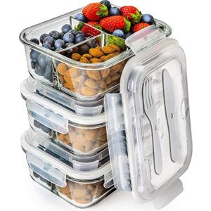 PrepNaturals 3 Pack 34 Oz Glass Meal Prep Containers - Dishwasher Microwave Freezer Oven Safe - Glass Storage Containers with Lids (Multi-Compartment)