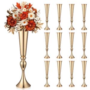 12 Pcs Tall Gold Trumpet Vases for Centerpieces & Wedding Tables - 21.65" Tall Gold Flower Vase Set with Weighted Base, Metal Trumpet Centerpieces for Tables (Bases para Centros de Mesa)