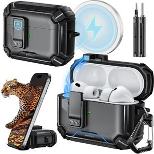 Inesore for AirPods Pro 3 Case (2025) with Phone Stand & Cleaning Kit,Compatible with Magsafe,Magnetic Automatic Lock Cover for AirPods Pro 3rd Generation, Black