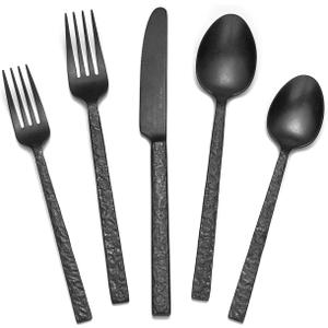 KINGSTONE 60 Pcs Black Hammered Silverware Set for 12, 18/10 Stainless Steel Heavy Duty Flatware Set, Tableware Cutlery Utensil Sets for Home Restaurant Dishwasher Safe
