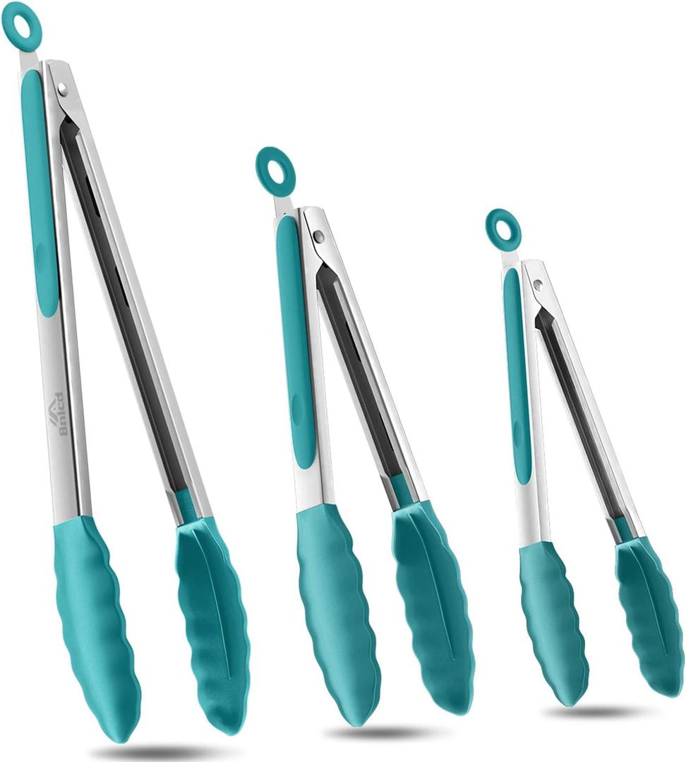 600F Heat Resistant Kitchen Tongs, Premium Locking Cooking Tongs with Silicone Tips, Non-Slip Food Tongs for Cooking, Non-Stick, Heavy Duty Stainless Steel Handle, Set of 3-7" 9" and 12" Aqua Sky
