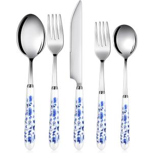 10 Pcs Chinoiserie Silverware Set Blue and White Porcelain Silverware Christmas Gift Stainless Steel Utensils Set with Ceramic Handle Includes Knives Forks Spoon High Tea Gift for Wedding