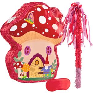 Mushroom Pinata, Mushroom Pinata with Stick and Blindfold (13x15x3), 3D Mushroom Birthday Decorations for Fairy Birthday Party, Forest Jungle Woodland Baby Shower Birthday Party Supplies, Red