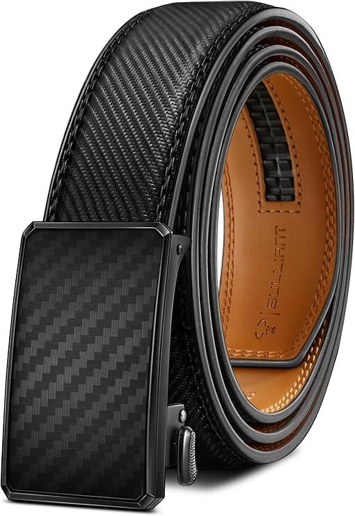 BULLIANT Men Belt-Ratchet Leather Adjustable Belt tailless For Gift Men Dress Casual Jeans 1 3/8" Hiding Tail-Cut For Fit(Deep Brown,Black 26"-34" Waist Adjustable), Pack Of 2