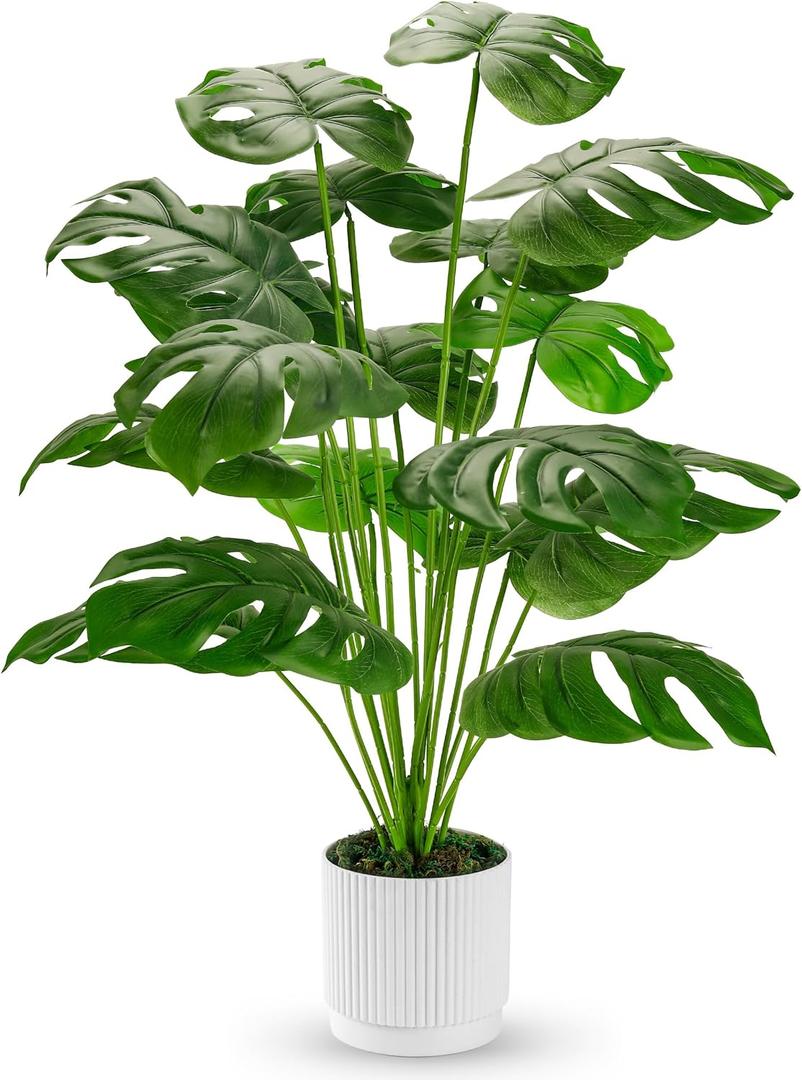 Der Rose 28" Fake Plants Large Artificial Monstera Faux Plants Indoor Tall for Outdoor Floor Front Porch Decor (White-28)