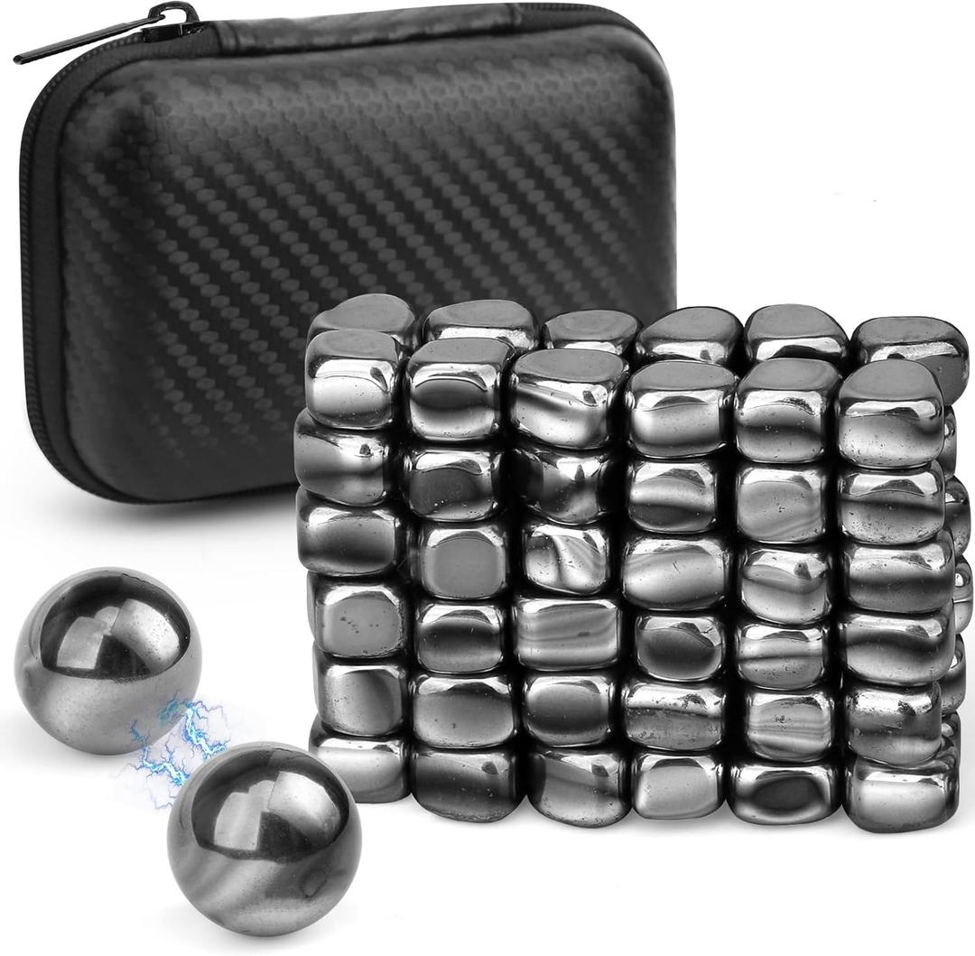 Cool Fidget Magnet Ferrite Rock for Adults, Fidget Mangetic Stones with Fiber Case for Easy Carry, Magnetic with Two Magnet Balls for Office Desk Kitchen Decors, Magic Blocks for Researcher Teacher (Black)