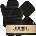 Extra Long Silicone Oven Mitts & Potholders Set - Heat Resistant 500F Kitchen Gloves with Pot Holders, BPA-Free Waterproof Baking Mitts, Non-Slip Grip, 4-Piece Set, Black